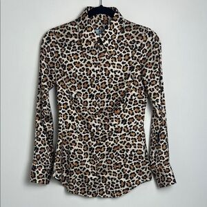 Hawes & Curtis Satin Leopard Print Slim Fit Button Down Blouse Top UK6/US2